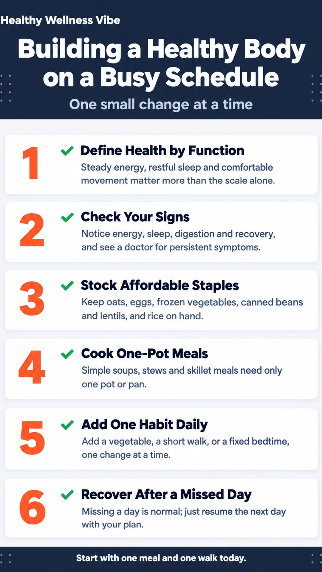 Listicle infographic: Building a Healthy Body on a Busy Schedule. One small change at a time. 1. Define Health by Function; 2. Check Your Signs; 3. Stock Affordable Staples; 4. Cook One-Pot Meals; 5. Add One Habit Daily; 6. Recover After a Missed Day.